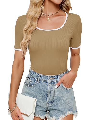 Damen Sommer Kurzarm T Shirt Sexy Y2K Quadratischer Ausschnitt Slim Fit T-shirt Rippstrick Basic Top Oberteile Bluse 2025, Kaffee, L Damen Sommer Kurzarm T Shirt Sexy Y2K Quadratischer Ausschnitt Slim Fit T-shirt Rippstrick Basic Top Oberteile Bluse 2025, Kaffee, L von BellaDila