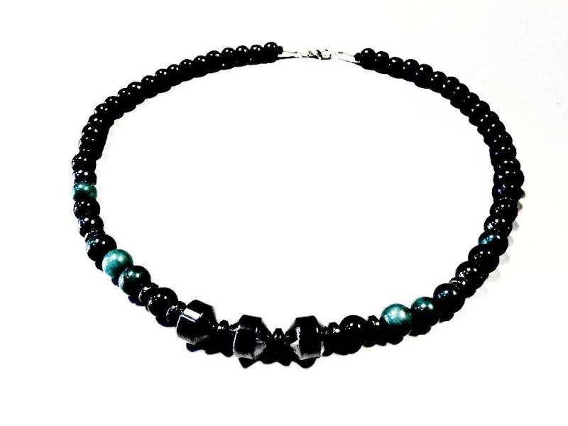 Herren Halskette Schwarzer Onyx Hämatit Achat Perlen Mala Grau Heilung Kristallstein Graffiti Meditation Edelstein Schmucksachegeschenk Für Ihn von BellaDonnaBG