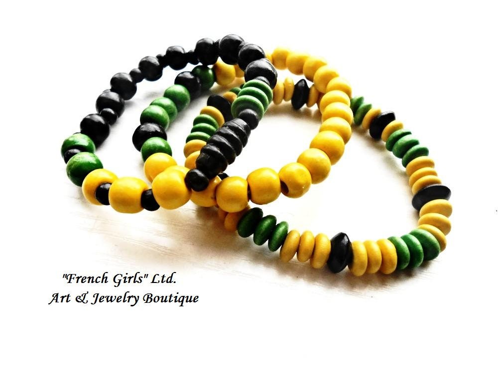 Holz Armband-Set Von 3 Schwarz Gelb Grün Schmuck Perlen Mode Armbänder Mala Yoga Zen Boho Vintage Frauen Mädchengeschenk von BellaDonnaBG