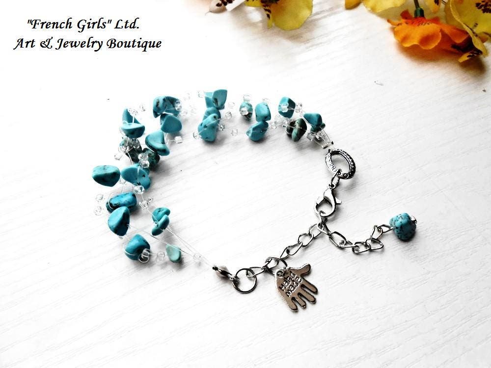 Roh Türkis Schwimmenden Armband Blaue Edelstein Glas Rocailles Perlen Multistrand Luft Unsichtbar Häkeln Boho Heilende Kristall Stein Handgemachte von BellaDonnaBG