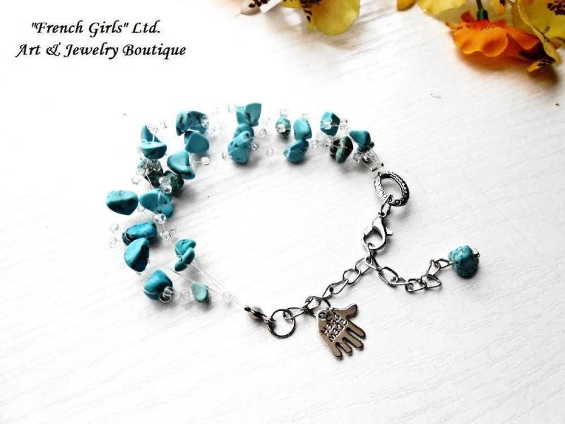 Roh Türkis Schwimmenden Armband Blaue Edelstein Glas Rocailles Perlen Multistrand Luft Unsichtbar Häkeln Boho Heilende Kristall Stein Handgemachte von BellaDonnaBG