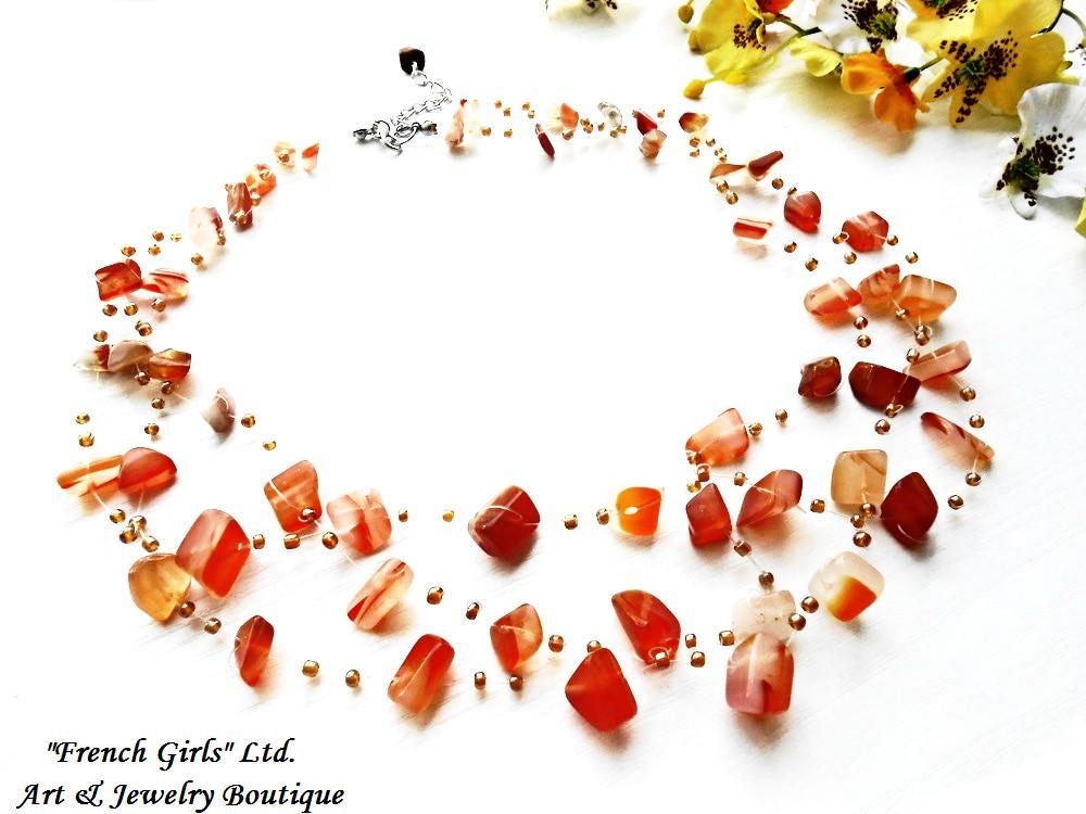Roter Karneol Rohedelstein Air Floating Multistrand Statement Halskette Orange Schliff Rohkristall Unsichtbar Gehäkelte Heilstein von BellaDonnaBG