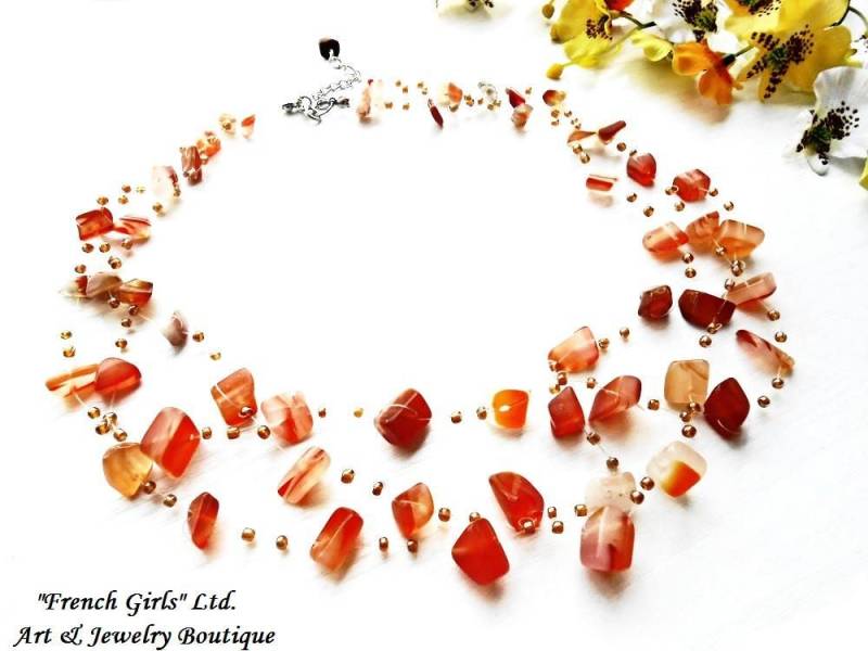 Roter Karneol Rohedelstein Air Floating Multistrand Statement Halskette Orange Schliff Rohkristall Unsichtbar Gehäkelte Heilstein von BellaDonnaBG