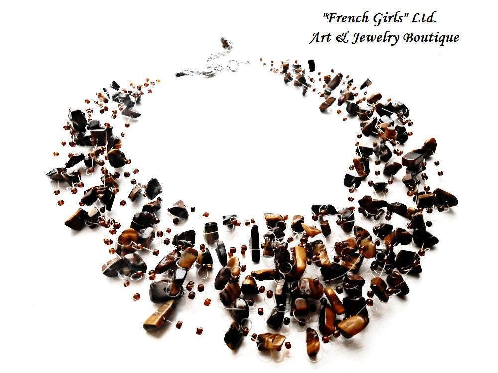 Tigerauge Roh Edelstein Floating Halskette Air Crochet Invisible Multistrang Statement Schmuck Cut Rouge Heilstein Kristall Brown Gem Boho von BellaDonnaBG