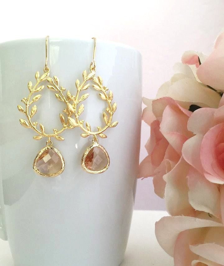 Pfirsich Ohrringe. Champagner Ohrringe.laurel Kranz Ohrringe.blush Rosa Ohrringe.gold Baumbau Ohrringe.braut Ohrringe.brautjungfer Schmuck.geschenk von BellaJewelsInc