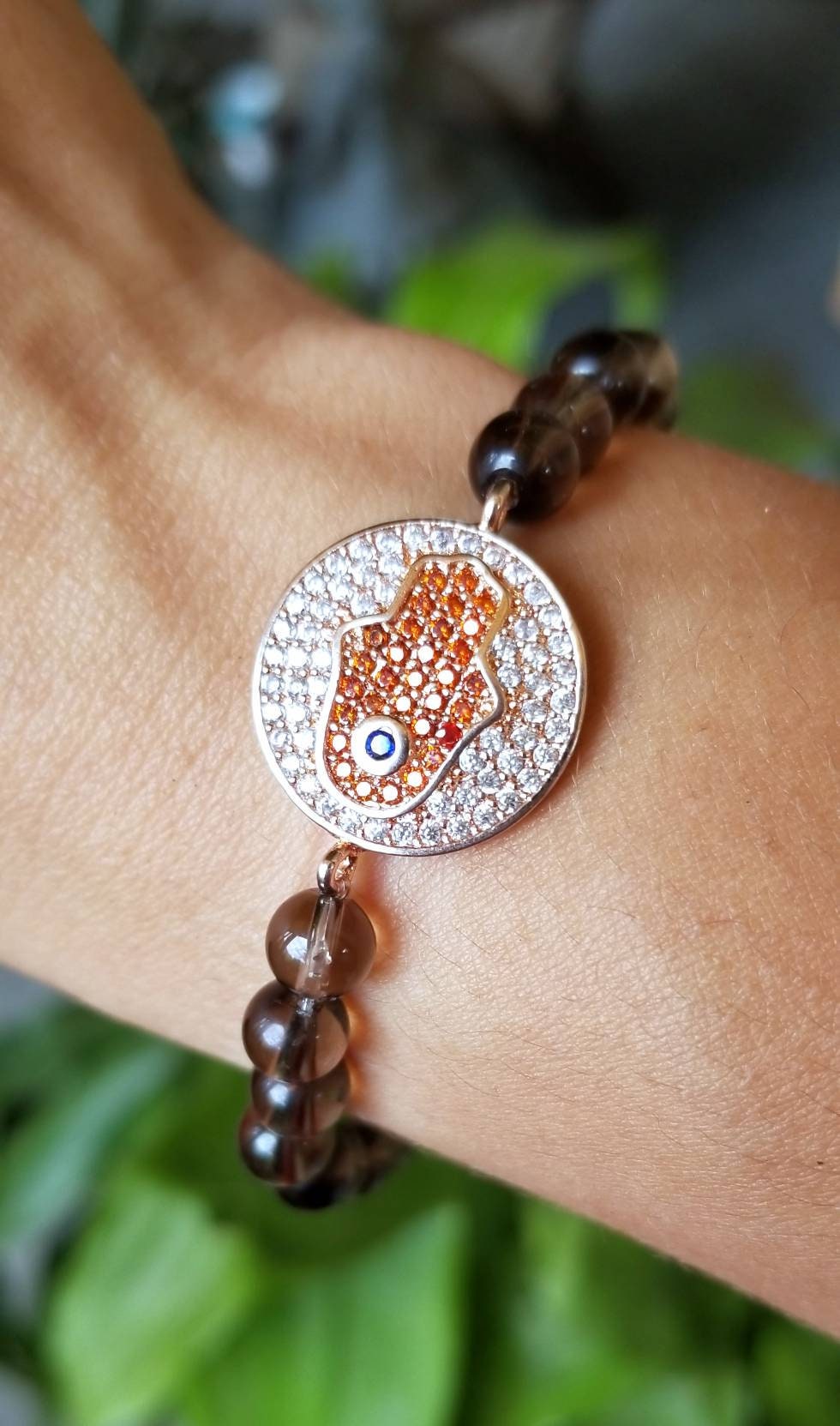 Hamsa Armband, Evil Eye Roségold Edelstein Boho Kristall Mala Rauchquarz von BellaMiaBeadsStudio