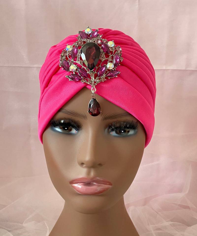 Rosa Turban Mit Abnehmbarer Funkelnder Brosche Ganzkopfmode Stirnband von BellaSegretoFashion