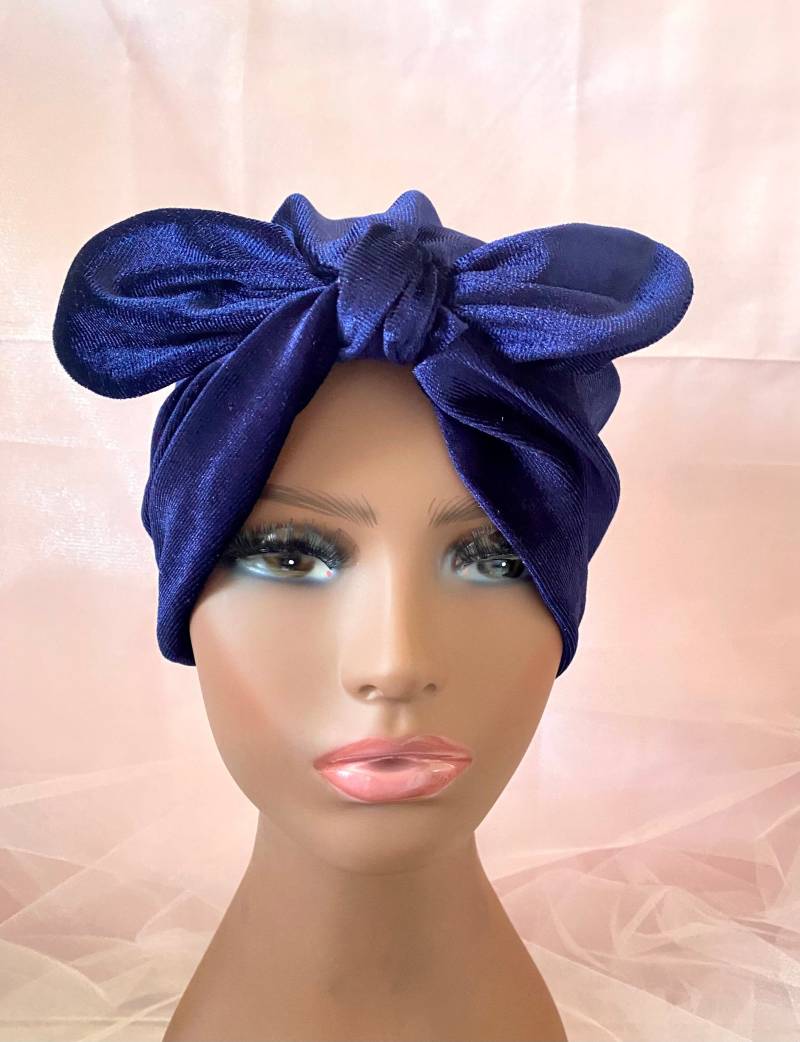 Royal Blauer Samt Schleifen Turban Chemo Kopfbedeckung, Mütze Zum Knoten von BellaSegretoFashion