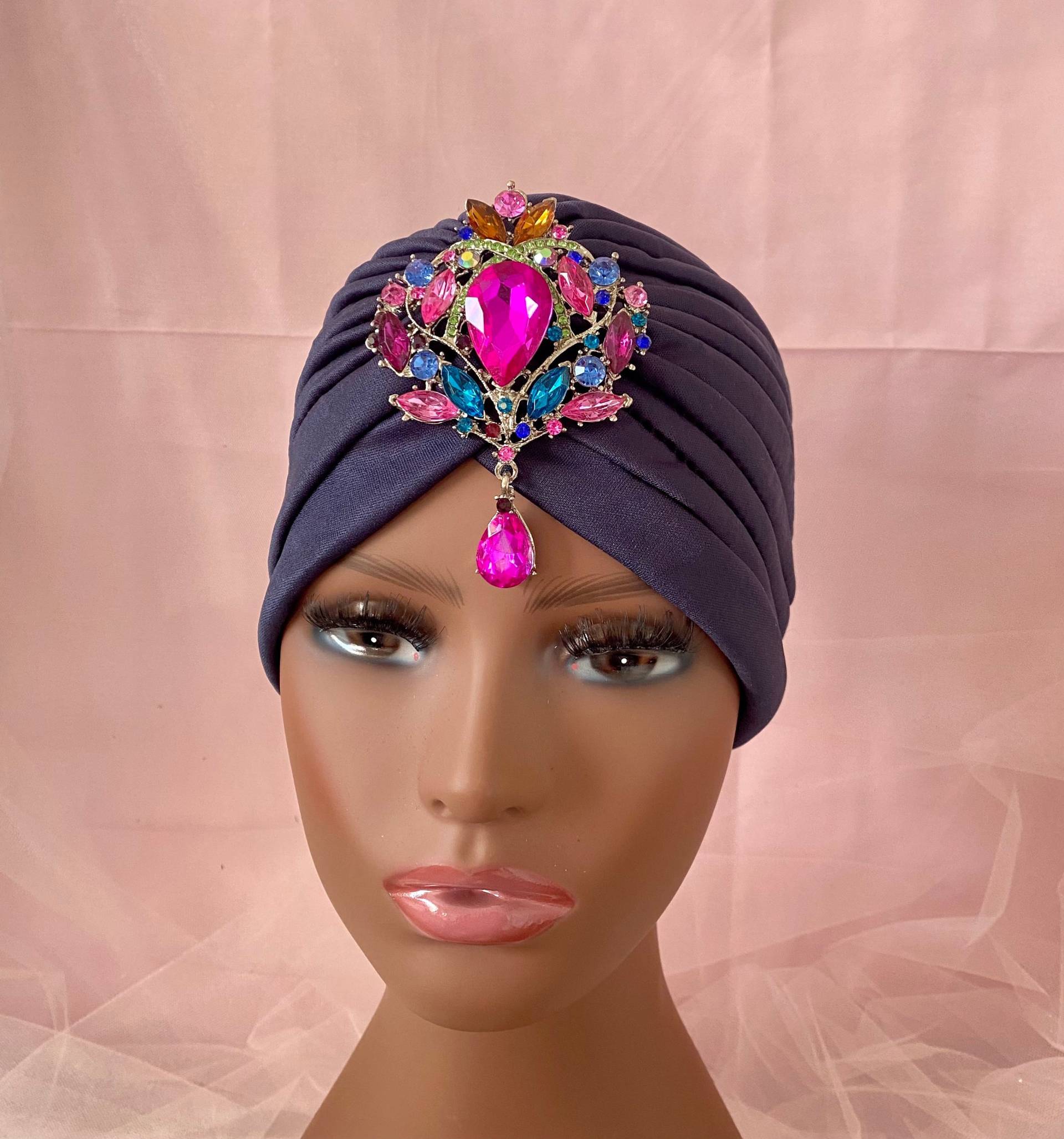 Turban Stirnband, Hairlos Hut, Night Out Cap, Front Twist Turban, Bunte Brosche, Blau Stirnband, Haarverlust Wrap von BellaSegretoFashion