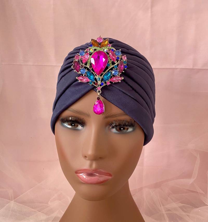 Turban Stirnband, Hairlos Hut, Night Out Cap, Front Twist Turban, Bunte Brosche, Blau Stirnband, Haarverlust Wrap von BellaSegretoFashion