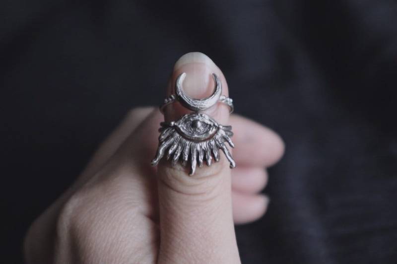 stapelbare Ringe, Einzeln Verkauft, Leeres Auge, Halbmond - Und Sonnenring, Okkulter Schmuck, Handgefertigt, Silber 925, Dunkler Hexerei von BelladonnanoirJP