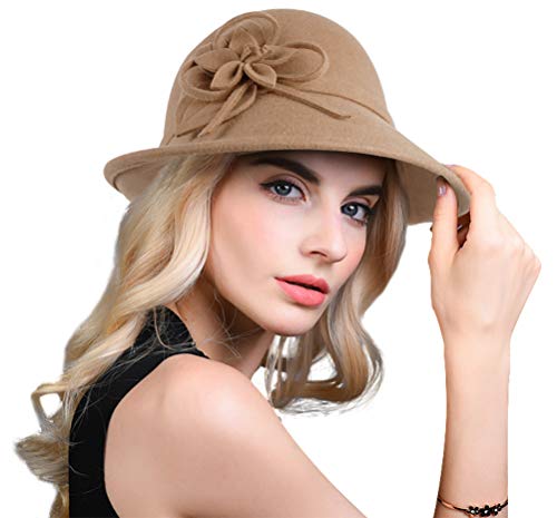 Bellady Damen solid Color-Winter-Hut 100% Wolle Cloche Eimer mit Bogen Akzente Style2_Camel One Size von Bellady