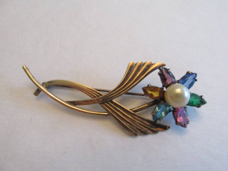 Vintage Symmetalic Sterling & 14K Strass Und Faux Perle Retro-Pin Vintage Symmetalic Sterling & 14K Strass Und Faux Perle Retro-Pin von BellarosaUS