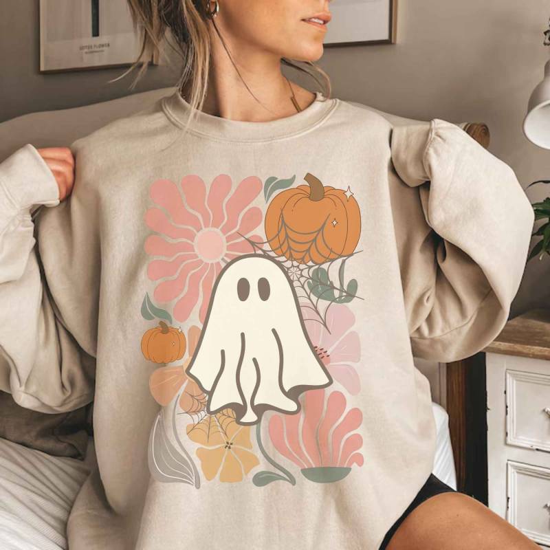 Vintage Ghoul Sweatshirt, Süßer Ghost Sweater, Halloween Pullover, Kuscheliger Blumen Geister Pulli von BellasStudio82