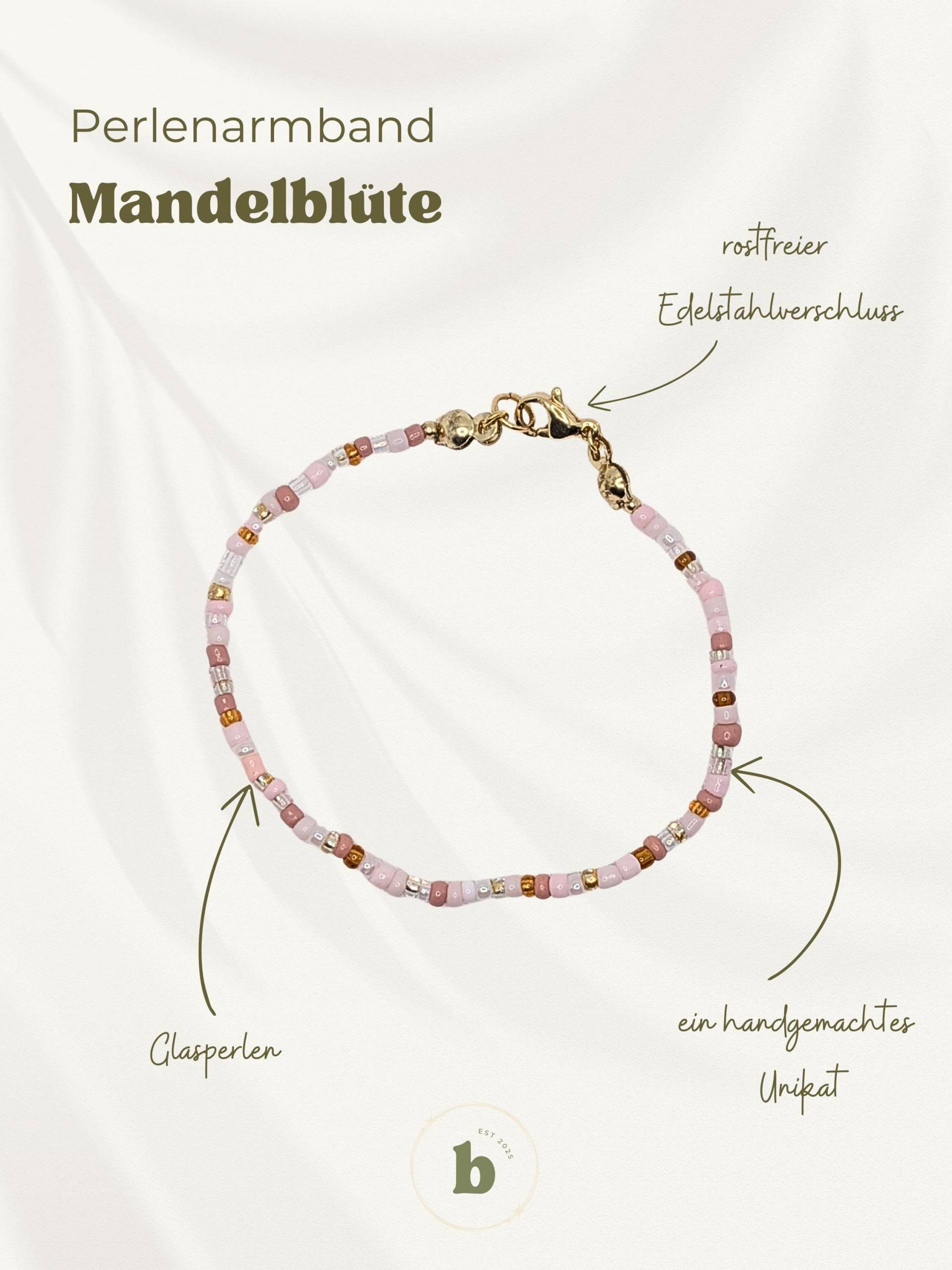 Handgefertigtes Perlenarmband "Mandelblüte" Mit Rostfreiem Edelstahlkarabiner in Gold von BellasUniqueBtq