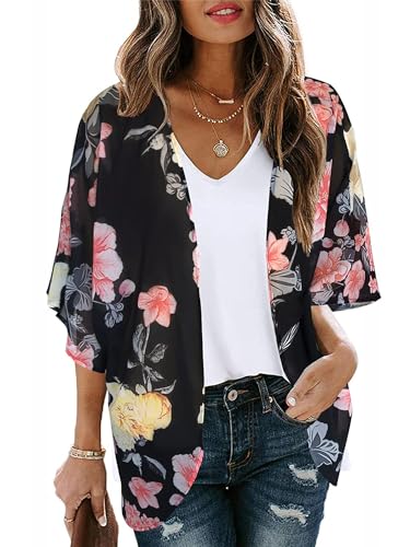 Damen Blumendruck Kimono Cardigan Puffärmel Chiffon Cover Up Casual Bluse Strand Lose Tops, Dunkelblau, Large von Bellcoco