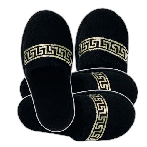 Belle Arti Hotelslipper Frottierslipper Mäander Design in Schwarz Gold Badeslipper für Damen Herren 100% Baumwolle Frottee (2er SET, EU Schuhgrößensystem, Erwachsene, Alphanumerisch, M, Small) von Belle Arti