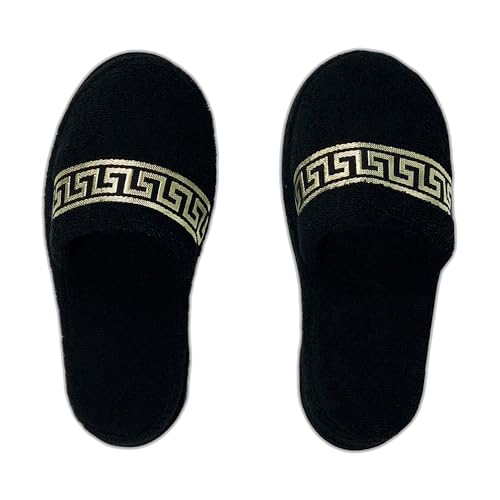 Belle Arti Hotelslipper Frottierslipper Mäander Design in Schwarz Gold Badeslipper für Damen Herren 100% Baumwolle Frottee (Einzeln, EU Schuhgrößensystem, Erwachsene, Alphanumerisch, M, Large) von Belle Arti