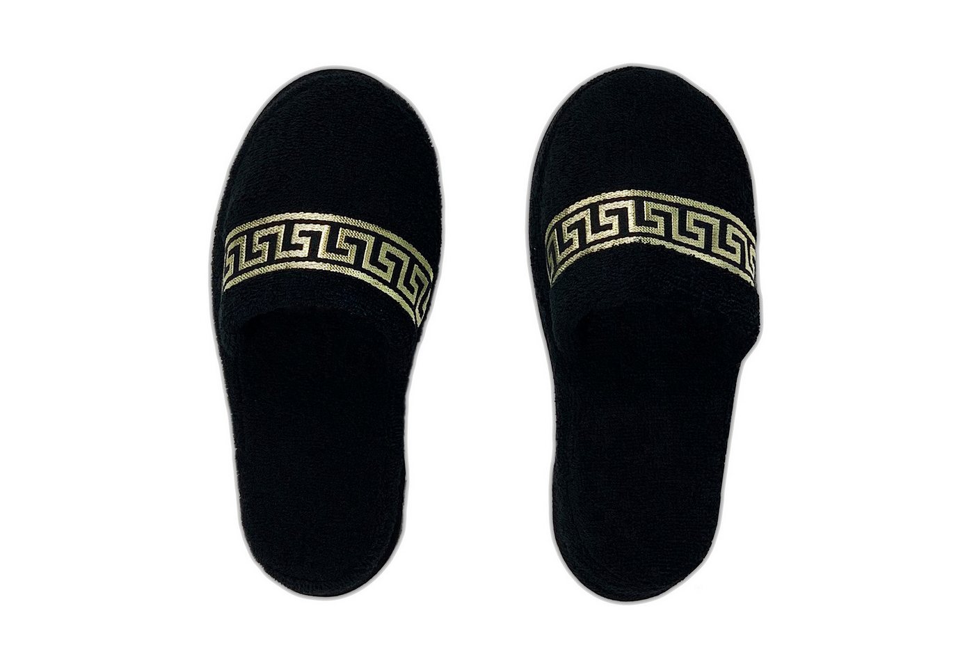 Belle Arti Luxus Homeslipper Hausschuhe Gäste Mäander schwarz gold rutschfest SET Pantoffel (5-tlg) von Belle Arti