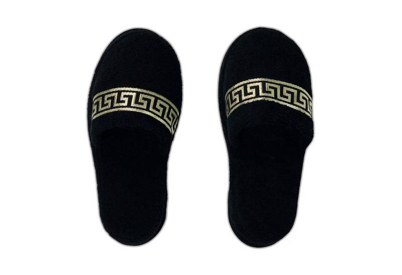 Belle Arti Luxus Homeslipper Hausschuhe Gäste Mäander schwarz gold rutschfest SET Pantoffel (5-tlg) von Belle Arti