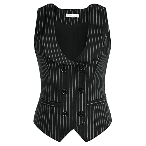 Belle Poque 50s Vintage Double Breasted Vest Coat Deep V-Neck Lapel Collar Slim Fit Waistcoats Black White Stripes BP0613-02 XXL von Belle Poque