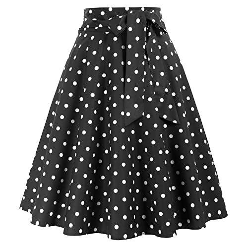 Belle Boque Damen Knielang Skirt Faltenrock Lang Festliche Röcke Freizeitrock Weißer Fleck auf Schwarz Frischer Stil Charme Rock A-Linien Rock Rockabilly BP000561-41_M von Belle Poque