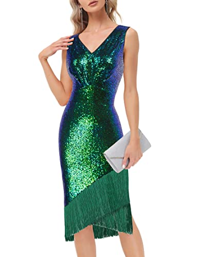 Belle Poque 1920er Jahre Kleid Damen Paillettenkleid Ärmellos V-Ausschnitt Bodycon Partykleid Abendkleid Grün L von Belle Poque