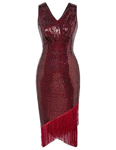 Belle Poque 1920er Jahre Kleid Damen Paillettenkleid Ärmellos V-Ausschnitt Bodycon Partykleid Abendkleid Weinrot L von Belle Poque