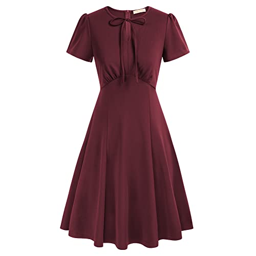 Belle Poque 1950er Vintage Kleider Sommerkleid Damen Audrey Hepburn Kostüm Rockabilly Kleider Damen für Strandkleid Weinrot L von Belle Poque