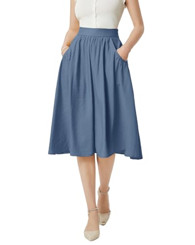 Belle Poque 50s Vintage Retro Rock mit hoher Taille Klassisch Vielseitig Plissiert A-Linie Midi Rock für den Alltag Denim Blau BP0926-05 S von Belle Poque