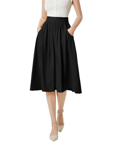 Belle Poque A-Linie Rock für Damen Elastische Taille Lässig Plissiert Swing Rock mit Taschen Schwarz BP0926-01 L von Belle Poque