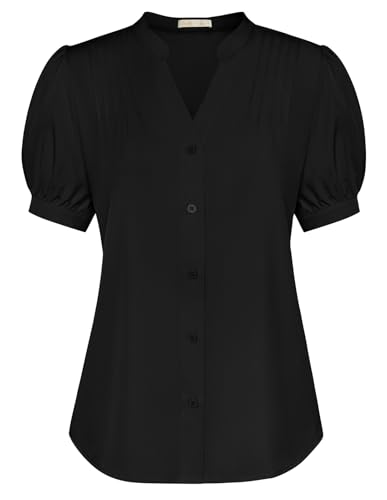Belle Poque Bluse Damen Button Down Kurzarm Blusen V Hals Plissiert Kleid Hemden Damen Dressy Blusen Sommer Lässig von Belle Poque