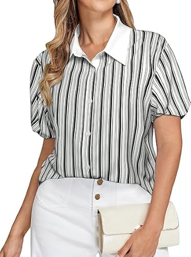 Belle Poque Bluse Damen Elegant Gestreiftes Button Down Hemd Kurzarm V Halsausschnitt Bluse Sommer Casual Work Top Schwarz L von Belle Poque