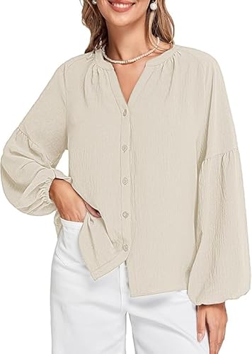 Belle Poque Bluse Damen Lässig Arbeit Blusen Vintage Langarm V Hals Geknöpft Front Shirts von Belle Poque
