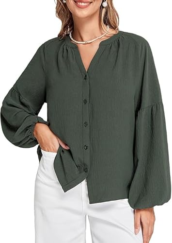 Belle Poque Bluse Damen Lässig Arbeit Blusen Vintage Langarm V Hals Geknöpft Front Shirts von Belle Poque