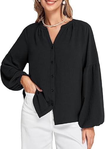 Belle Poque Bluse Damen Lässig Arbeit Blusen Vintage Langarm V Hals Geknöpft Front Shirts von Belle Poque