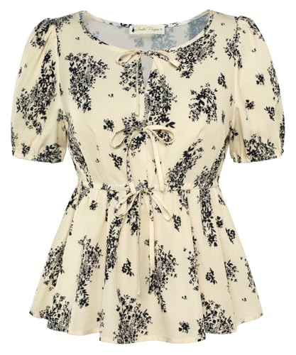 Belle Poque Bluse Damen Puffle Kurzarm Rundhalsausschnitt Tops Tie Front Floral Peplum Tops Sommer Casual Dressy Bluse Shirt von Belle Poque