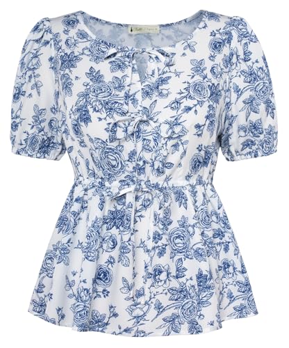Belle Poque Bluse Damen Puffle Kurzarm Rundhalsausschnitt Tops Tie Front Floral Peplum Tops Sommer Casual Dressy Bluse Shirt von Belle Poque