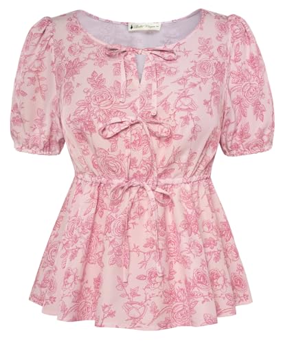 Belle Poque Bluse Damen Puffle Kurzarm Rundhalsausschnitt Tops Tie Front Floral Peplum Tops Sommer Casual Dressy Bluse Shirt von Belle Poque