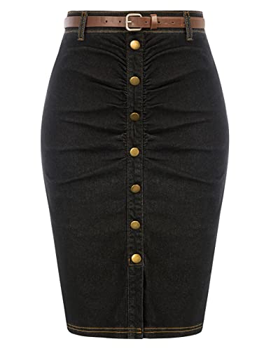 Damen Jeans Knielange Rock mit Schlitz Bodycon Lange Bleistiftrock mit Knöpfen Jeans Schwarz L BP0731S23-02 von Belle Poque