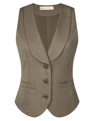 Belle Poque Braune Hahnentrittmuster Weste für Damen Reverskragen U-Ausschnitt Button-Down Weste für Formelle Konferenzen von Belle Poque