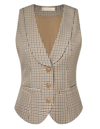 Belle Poque Braune Karierte Weste für Damen Lässig Anzugweste U-Ausschnitt Button-Down Westen für Hemden Oberteile von Belle Poque
