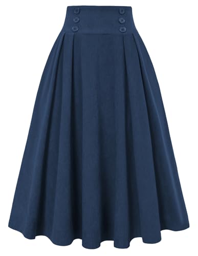 Belle Poque Cordrock für Damen Hohe Taille Midi Rock Vintage A-Linie Faltenröcke mit Taschen Marineblau L Belle Poque Cordrock für Damen Hohe Taille Midi Rock Vintage A-Linie Faltenröcke mit Taschen Marineblau L von Belle Poque