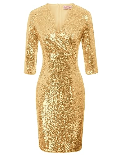 Belle Poque Damen 3/4 Ärmel V-Ausschnitt Pailletten Hüftbedeckend Kleid Abendkleid Gold XL von Belle Poque