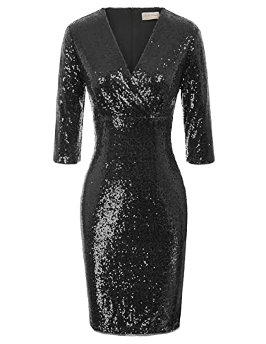 Belle Poque Damen 3/4 Ärmel V-Ausschnitt Pailletten Hüftbedeckend Kleid Abendkleid Schwarz XL Belle Poque Damen 3/4 Ärmel V-Ausschnitt Pailletten Hüftbedeckend Kleid Abendkleid Schwarz XL von Belle Poque