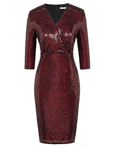 Belle Poque Damen 3/4 Ärmel V-Ausschnitt Pailletten Hüftbedeckend Kleid Cocktailkleid Schwarz-Burgunderrote Perlen XL von Belle Poque