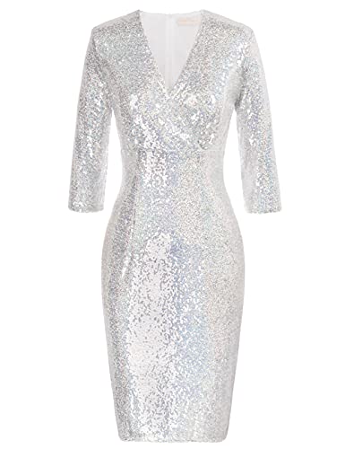 Belle Poque Damen 3/4 Ärmel V-Ausschnitt Pailletten Hüftbedeckend Kleid Festliche Kleider Silber S von Belle Poque