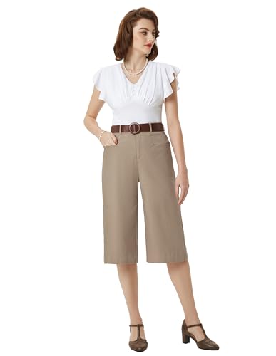 Belle Poque Damen 3/4 Hose Elastische Taille Hose Freizeithose mit Tasche Elegante Capri Hose Casual Hose Khaki XXL BP0907S24-02 von Belle Poque