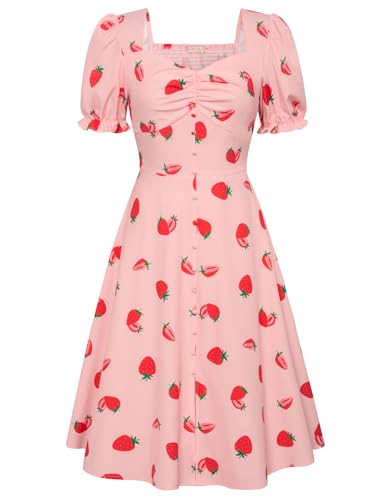 Belle Poque Damen 50er Jahre Vintage Geraffte Swing Kleid Sweetheart Ausschnitt Kurze Puffärmel A-Linie Tea Party Cocktailkleid von Belle Poque