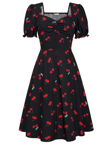 Belle Poque Damen 50er Jahre Vintage Geraffte Swing Kleid Sweetheart Ausschnitt Kurze Puffärmel A-Linie Tea Party Cocktailkleid von Belle Poque